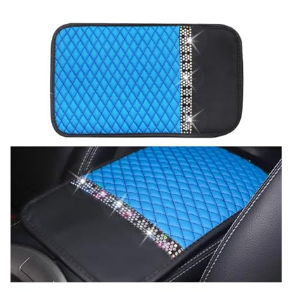 Bling Leather Car Armrest Seat Box Cover, Car Console Armrest Cover with Crystal Rhinestones, Anti-Scratch Waterproof Auto Center Console Protector Cushion Pad for Car SUV Truck (Blue) - color: Blue