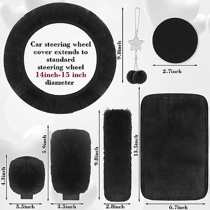 17 Car Seat Cover Full Set for Women,Universal Car Seat Cover,Plush Steering Wheel Cover,Fluffy Soft Wool Handbrake Gear,Suspension Accessories Full SUV((Patterned Black - color: Patterned Black