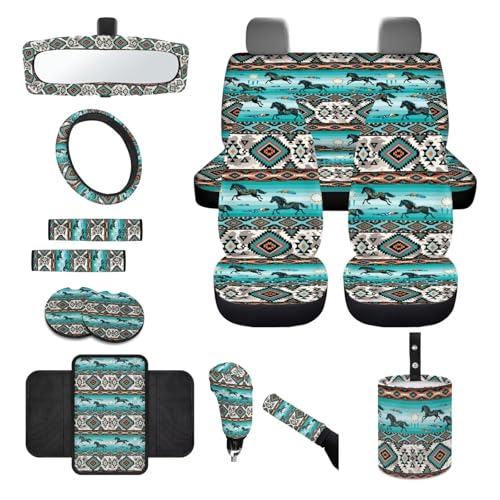 Wanyint 14 PCS Car Seat Cover Set, with Steering Wheel Seat Belt Covers Waste Bin Center Console Pad Rear View Mirror Handbrake Set Coasters Auto Accessories Decor, Aztec Navajo Horse Turquoise - color: Aztec Navajo Horse Turquoise