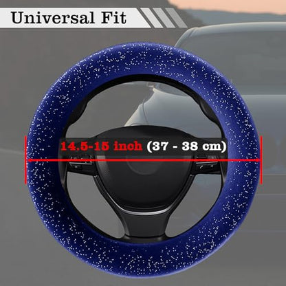 Blue Bling Starry Sky Furry Steering Wheel Cover, Universal 14.5-15 Inch Winter Plush Warm Steering Wheel Cover, Soft Fluffy, Anti-Slip Design, Soft Texture - color: Blue Starry Sky Plush