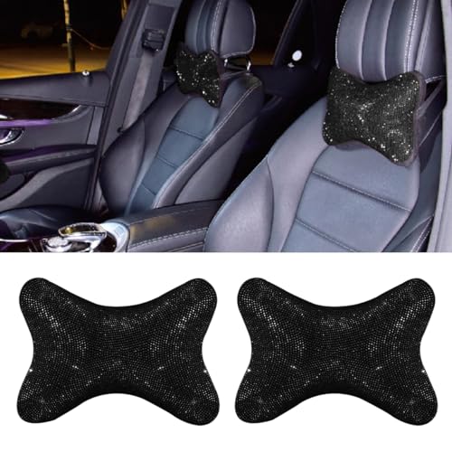 2PCS Car Neck Pillow for Driving Seat, Bling Crystal Rhinestone Diamond Comfortable Headrest Cushion, Head Rest Neck Support Relax, Car Interior Accessories for Women Girly (Black) - color: Black