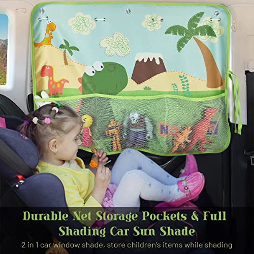 Car Window Shade for Baby, 2 Pack Car Sun Shades with Storage Pockets Car Window Curtain 7 Suction Cups Dinosaurs Pattern for Sun/Heat/UV Rays Protection - color: Green-2pcs