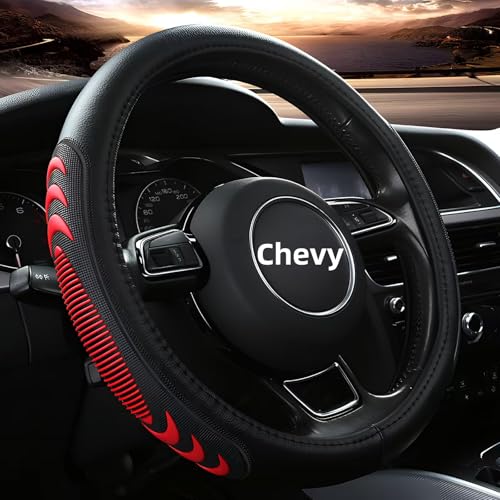 Leather Steering Wheel Cover for Chevy Silverado 1500 2500 3500, 14.5-15 inches Car Steering Wheel Cover with Anti-Slip Massage Particle (Red) - color: Red-2