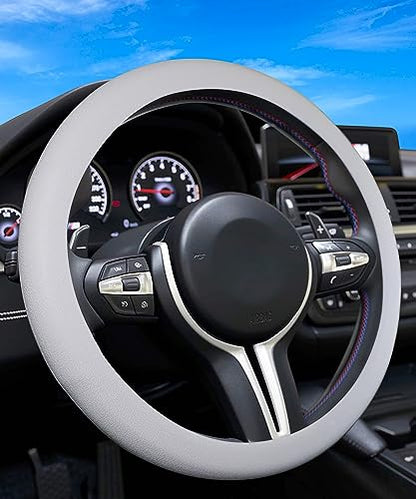 ESEWALAS Car Silicone Steering Wheel Cover,Soft Odorless Silicone Leather Texture Steering Cover,Universal 13-15inch Car Steering Wheel Protector (Grey) - color: Grey