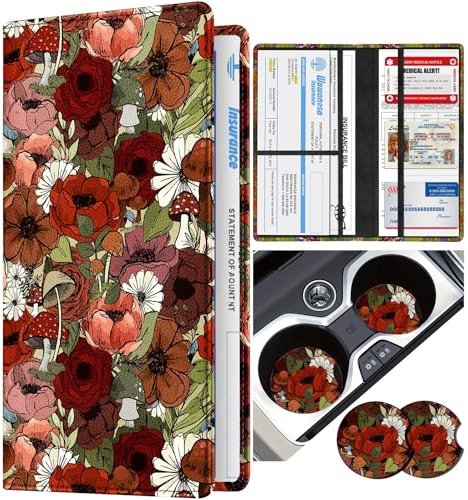 Slohif Car Registration and Insurance Holder - Flower Vehicle Glove Box Organizer Women with Magnetic Shut Leather Automobile License Holders Coasters Auto Accessories Case for Document - color: Boho Flowers