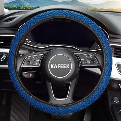 KAFEEK Elastic Stretch Steering Wheel Cover 15 Inch, Breathable Ice Silk Microfiber, Non-Slip Grip, Warm in Winter and Cool in Summer, Odorless, Car Accessories Fit Cars, SUVs, Light Blue - color: blue