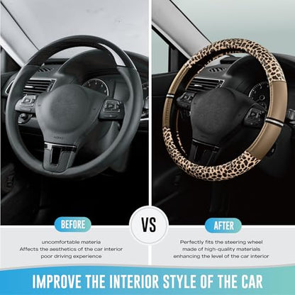 Road Comforts Leopard Steering Wheel Cover for Women, Cute Anti-Slip Microfiber Leather, Universal Fit 14.5-15 Inch Round Steering Wheel - Beige - color: Round Beige