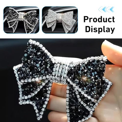 2 PCS Bling Bow Car Vent Clips, Crystal Rhinestone Air Conditioning Outlet Clip, Cute Car Interior Decorative Accessories, Universal Decor Charm Clips for Women Girls (Black & Silver)