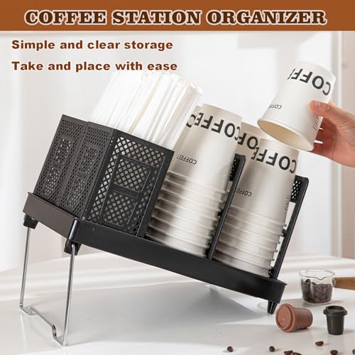 Cup and Lid Holder, Disposable Paper Cup Dispenser with Stand, 6 Slots Coffee Cup and Lid Storage Holder with Straw Organizer for Coffee Station Bar Office Home Countertop Breakroom Restaurant