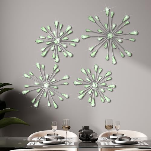 Hicarer 4 Pcs Starburst Wall Decor Bling Wall Art Crystal Teardrop 3D Hanging Rhinestone Radial Metal Artwork Modern Accent Sculptures Decorations for Living Room Home Office Bedroom(Green) - color: Green