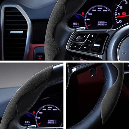 Car Steering Wheel Cover, Microfiber Suede Leather and Carbon Fiber Double Sided Design, Warm in Winter and Cool in Summer, Breathable Non Slip Segmented Protector for Most Cars (Turn Fur/Black) - color: Turn Fur/Black