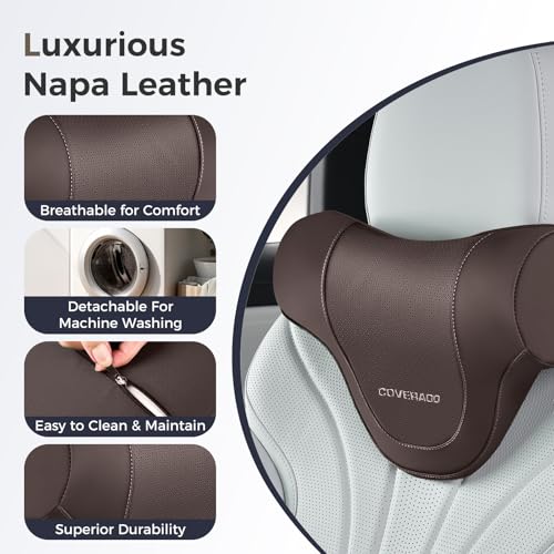 Coverado Car Headrest Pillow, Ergonomic Memory Foam Car Neck Pillow for Driving Seat with Adjustable Strap, Soft PU Leather Breathable Removable Cover Neck Support for Neck Pain Relief