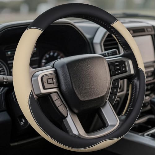 Leather Steering Wheel Cover for Ford F150/F250/F350, 15.5-16 Inch Truck Steering Wheel Grip, Breathable & Anti-Slip, Premium Semi Car Accessories (Beige) - color: Beige