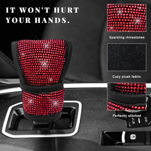 Bling Auto Gear Shift Knob Cover, Rhinestone Glitter Shifter Stick Protector for Girls Women, Sparkly Diamond Transmission Gear Shift Lever Knob Cover for Cars Trucks SUVs (Red) - color: Red