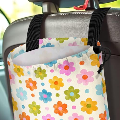 Car Trash Bag Hanging Back of Seat Waterproof Small Cute Printed One-Handed Strap Drawstring Garbage Bags for Car-Flower - color: Flower Car Trash Bag