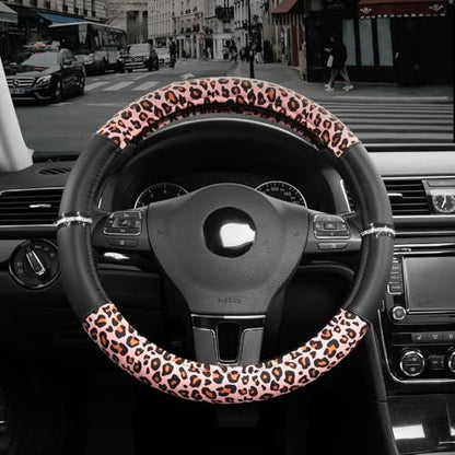 Road Comforts Leopard Steering Wheel Cover for Women, Cute Anti-Slip Microfiber Leather, Fits 14.5-15 Inch Steering Wheel 14.5-15 Inch - Black and Pink Cheetah - color: Round-Black&Pink Leapord
