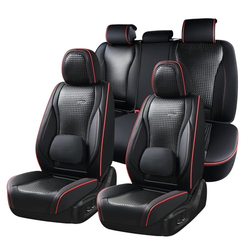 Coverado Car Seat Covers Full Set, Black Redline Seat Covers for Cars, Waterproof Nappa Leather Automotive Seat Covers with Lumbar Head Pillow, Car Seat Protectors, Universal Fit for Most Cars SUV - color: Redline（Pillow）, size: FullSet