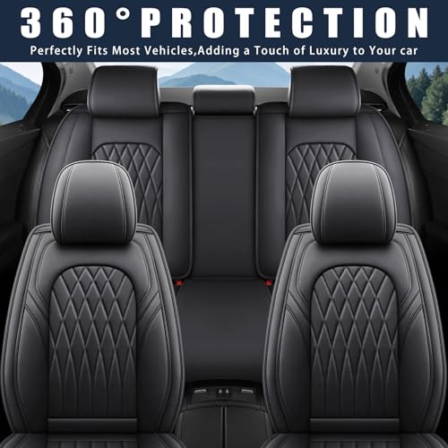 WELLDO Nappa Faux Leather Car Seat Covers Full Set, Waterproof Non-Slip Seat Protector, 0.28in Thickened Cushion, Airbag Compatible Universal Seat Covers for Cars SUV Truck Pickup, Black