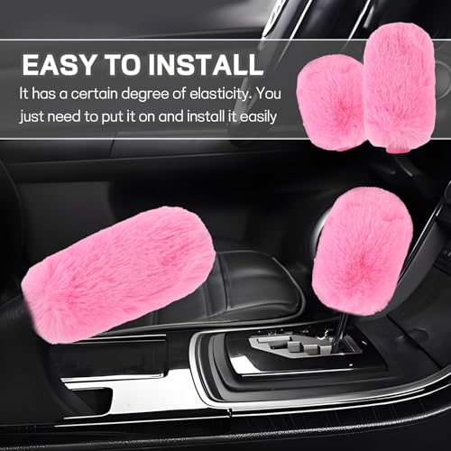 Hovom 2PCS Fluffy Car Gear Shift Knob Cover & Handbrake Cover, Soft Plush Hand Brake Handle & Gear Shift Cover for Women Girls, Universal Comfortable Warm Furry Car Accessories (Pink)
