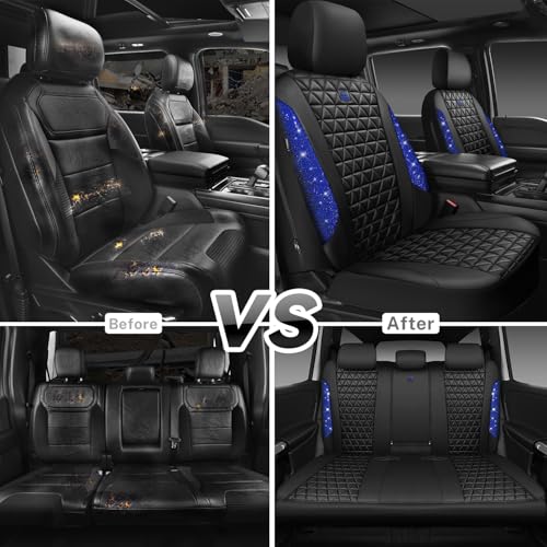 CAR PASS Bling Diamond Black Leather Car Seat Covers Full Set Interior Sets, Waterproof Shining Glitter Sparkly Crystal Universal Armrest Fit Automotive Truck SUV Cute Women Girl, Blue Rhinestone - color: Blue Rhinestone, size: Full Set