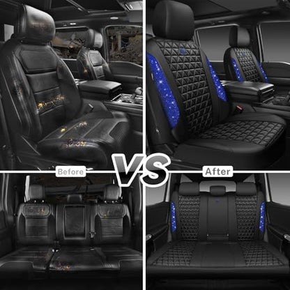 CAR PASS Bling Diamond Black Leather Car Seat Covers Full Set Interior Sets, Waterproof Shining Glitter Sparkly Crystal Universal Armrest Fit Automotive Truck SUV Cute Women Girl, Blue Rhinestone - color: Blue Rhinestone, size: Full Set