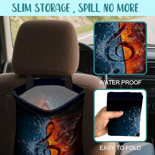 Car Trash Bag Music Note in Fire and Water Leak-Proof Waterproof Car Garbage Bag with Drawstring Foldable Canvas Trash Bin with Adjustable Buckle for Car Accessories, Travelling, Camping - color: Music Note in Fire and Water