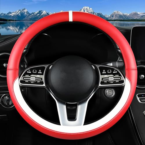 Car Leather Steering Wheel Cover - Panapi Material, Universal 14.5-15 Inch Leather Anti-Slip Breathable Auto Steering Wheel Covers for Men Women (Nappa Leather - Red & White) - color: Nappa Leather - Red & White
