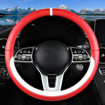 Car Leather Steering Wheel Cover - Panapi Material, Universal 14.5-15 Inch Leather Anti-Slip Breathable Auto Steering Wheel Covers for Men Women (Nappa Leather - Red & White) - color: Nappa Leather - Red & White