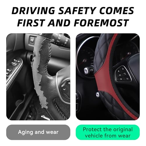 15 Inch Car Leather Steering Wheel Cover, Automotive Accessories Elastic Breathable Anti-Slip Soft Wheel Protector Fits Men and Women, Suitable for SUVs, Trucks, Vehicles and RVs (Wine red) - color: Wine red