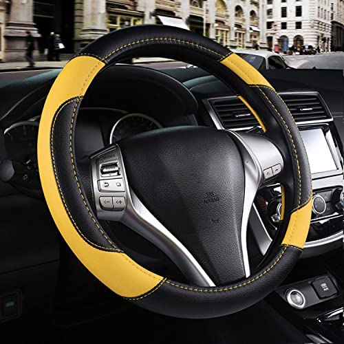 Leather Car Steering Wheel Cover, Non-Slip Car Wheel Cover Protector Breathable Microfiber Leather Universal Fit for Most Cars (Black&Yellow) - color: Yellow