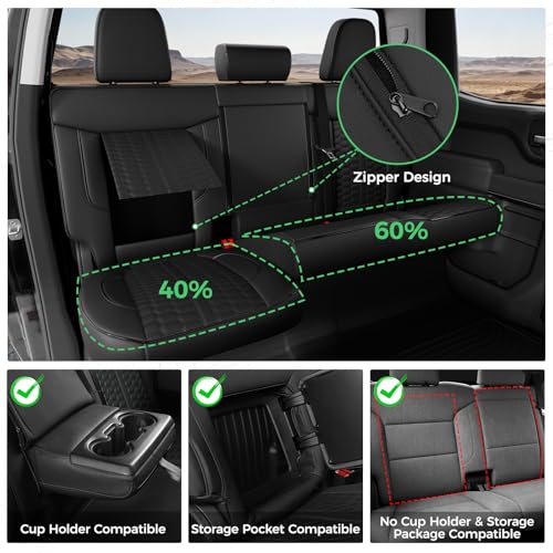 Custom Leather Seat Covers for Silverado/Sierra 1500 2019-2026, 2500HD 3500HD 2020-2026 Crew Cab Full Set with Jump Seat Cover (Armrest Storage Version Only), Truck Accessories - color: Full Set - Black #C019, size: 2019-2026(1500) & 2020-2026(2500HD) Cre