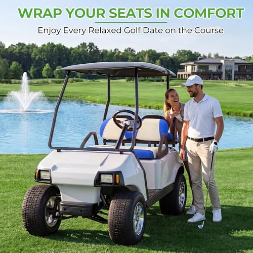 10L0L Golf Cart Seat Covers, Super Comfort Cooler Than Vinyl Seat Cover, Front and Rear Seat Cover for Yamaha EZGO Club Car, No Drilling Breathable Mesh Bench Seat Blanket, Machine Washable - color: Beige + Blue, style: Front Seat - For EZGO TXT & RXV & C