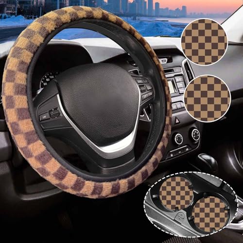 Dark Brown Checkered Fuzzy Steering Wheel Cover for Women, Universal Auto Steering Wheel 14-15 Inch Soft Warm Car Interior Accessories with 2PCS Car Coasters, Suitable for Men and Women - color: Dark brown