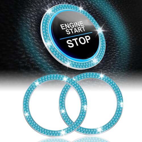 LivTee 2 PCS Crystal Double Rhinestone Car Engine Start Stop Decoration Ring, Bling Car Interior Accessories for Women, Push to Start Button Cover Sticker, Automotive Decals, Cyan - color: Double Cyan