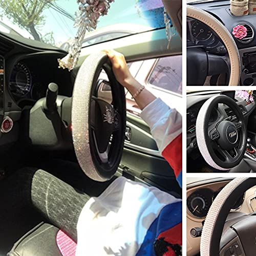 Beige Universal Non-Slip Crystal Steering Wheel Cover with PU Leather and Bling Diamond Rhinestones,Decorative Sparkly Car Accessories case,15''