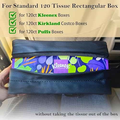 Car Tissue Holder for 120 Standard Tissue Boxes, Facial Tissue Holder for Auto Headrest, Faux Leather Napkin Box Cover, Large Capacity Car Tissue Dispenser Fits for 120 Kleenex Tissues Box (Black) - color: Black