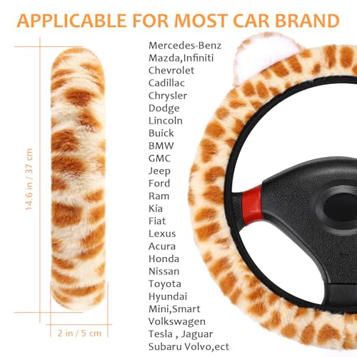 Accmor Fuzzy Leopard Print Car Steering Wheel Cover Women Car Accessories | Soft Furry, Non-Slip, Elastic Steering Wheel Covers, Universal 15 Inch Fit Auto, Suvs, Truck - color: Style B/Orange Leopard, Ear
