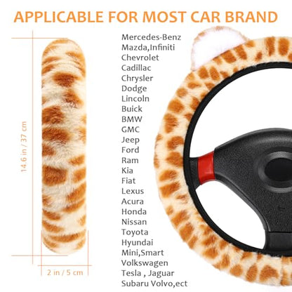 Accmor Fuzzy Leopard Print Car Steering Wheel Cover Women Car Accessories | Soft Furry, Non-Slip, Elastic Steering Wheel Covers, Universal 15 Inch Fit Auto, Suvs, Truck - color: Style B/Orange Leopard, Ear