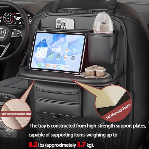 Universal Premium Leather Foldable Car Backseat Organizer with Table Tray, Seat Back Protector with Touch Screen Pad Phone Holder, Car Storage Pockets Tissue Holder with School Bags Hooks