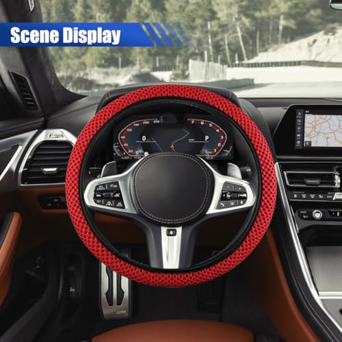 Elastic Stretch Steering Wheel Cover, 15" Breathable Microfiber Ice Silk Steering Wheel Protector, Universal Anti-Slip Car Warm in Winter&Cool in Summer Accessories for Men Women (Red) - color: Red