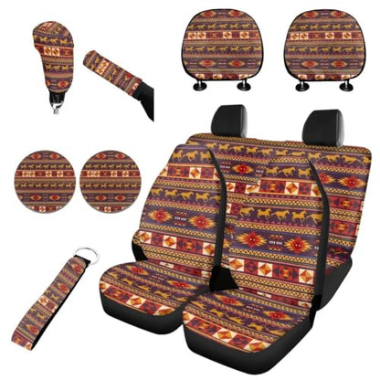 Horeset Aztec Tribal Style Antique Car Seat Cushion Full Set of 11pcs with Lanyards Key Holder,Bottle Holder Pad,Cars Headrest Protector,Gear Shift Knob and Handbrake Cover for Daily Outside Travel - color: Aztec Tribal Style Antique