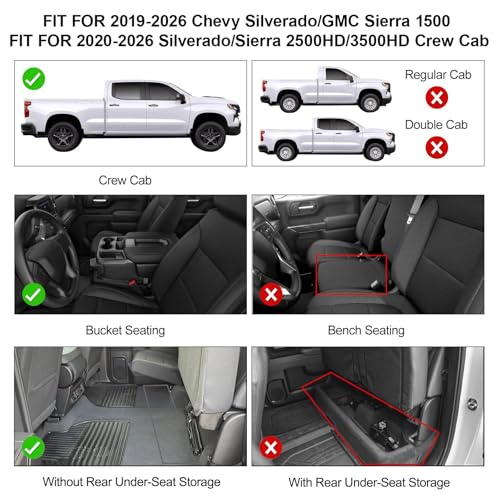 Floor Mats for 2019-2026 Chevy Silverado/GMC Sierra 1500 & 2020-2026 Silverado/Sierra 2500HD/3500HD, Crew Cab Bucket Seat Only (Without Rear Underseat Storage Box), TPE All Weather Durable Mats - size: 2019-2026 | For Chevy Silverado/GMC Sierra