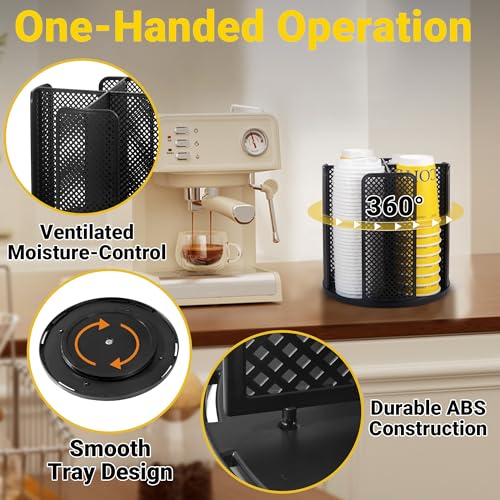 4-Compartment Rotating Paper Cup Holder & Coffee Cup Lid Storage Dispenser, Plastic Cup Dispenser Removable, Space-Saving Countertop Cup Holder for Coffee Bars, Kitchens (Black) - color: Black