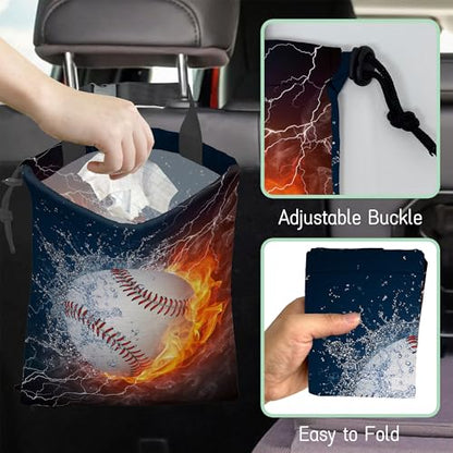 Baseball Ball Car Garbage Bag,Fire Ball Waterproof Small Car Trash Bag Hanging Back of Seat,Drawstring Hanging Car Trash Bag with Adjustable Buckle for Car Accessories - color: Baseball Ball
