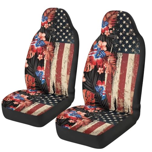 2 Piece Car Seat Covers Easy to Install American Flag Hibiscus Front Seats Elastic Polyester Cover Anti-Slip Auto Interior Accessories Universal Fit for Most Vehicles - color: American Flag Hibiscus