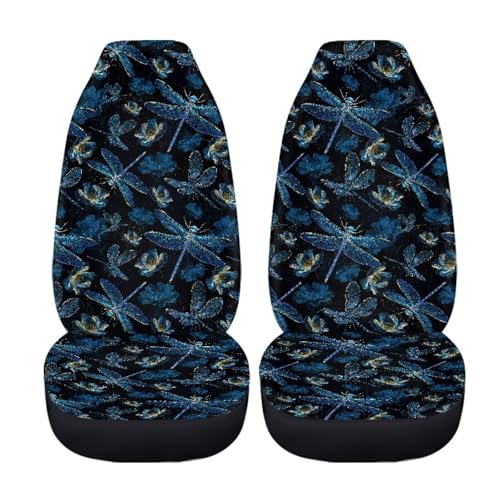 Dragonfly Print Automotive Seat Covers Front Only, Comfortable Breathable Front Car Seat Covers Universal Fit Sedan Van Truck SUV - color: Black and Blue - Dragonfly