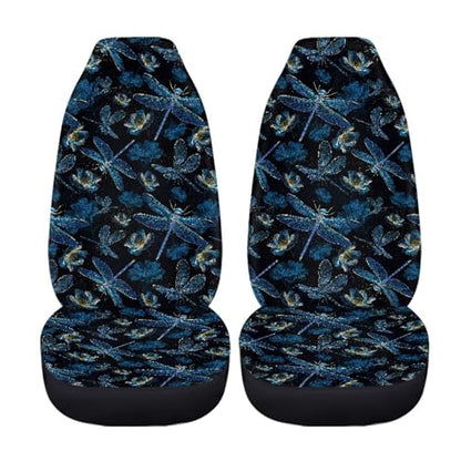Dragonfly Print Automotive Seat Covers Front Only, Comfortable Breathable Front Car Seat Covers Universal Fit Sedan Van Truck SUV - color: Black and Blue - Dragonfly