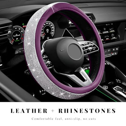 Diamond Leather Steering Wheel Cover, 15 Inch Bling Crystal Rhinestone Anti-Slip Wheel Protector, Universal Sparkling Elegant Diamond Steering Wheels Cover for Women Girl (White&Purple) - color: White&Purple
