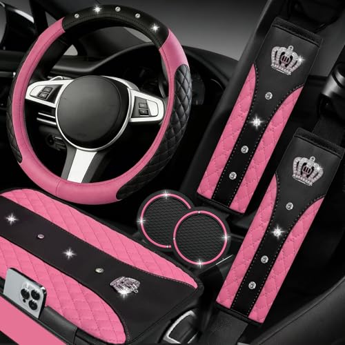 NBTEPEM 6 PCS Bling Car Accessories Set, Leather Steering Wheel Covers Universal 14.5-15 inch, Center Console Cover, Seat Belt Cushion, Cup Holder Coaster (Pink) - color: Pink
