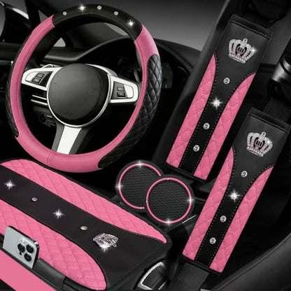 NBTEPEM 6 PCS Bling Car Accessories Set, Leather Steering Wheel Covers Universal 14.5-15 inch, Center Console Cover, Seat Belt Cushion, Cup Holder Coaster (Pink) - color: Pink